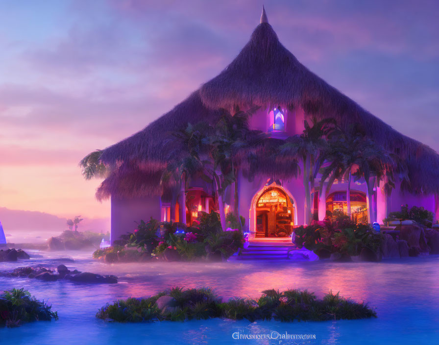 Tranquil tropical hut in twilight oasis