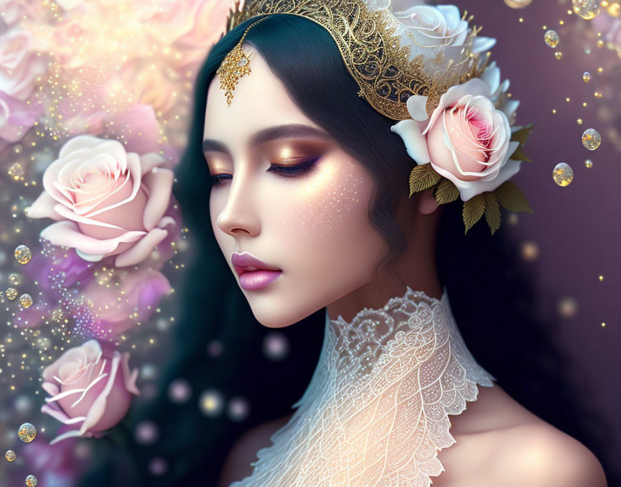 Digital artwork: Woman with gold crown and roses, glowing particles, floral backdrop