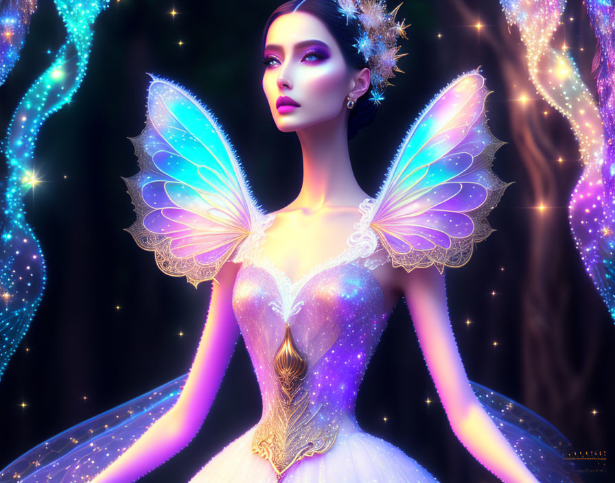 Luminescent fairy with iridescent wings and sparkling attire