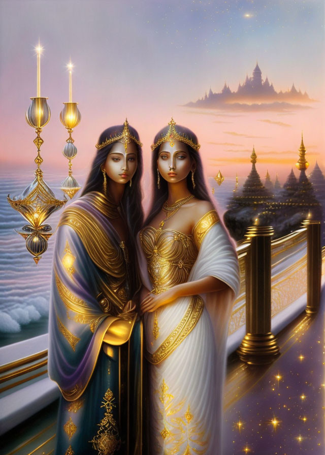 Regal figures in gold attire on balcony with castle in twilight.