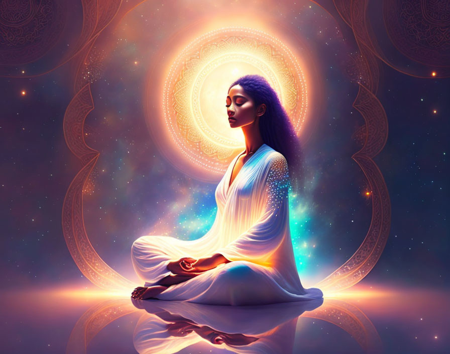 Woman Meditating Surrounded by Cosmic Elements