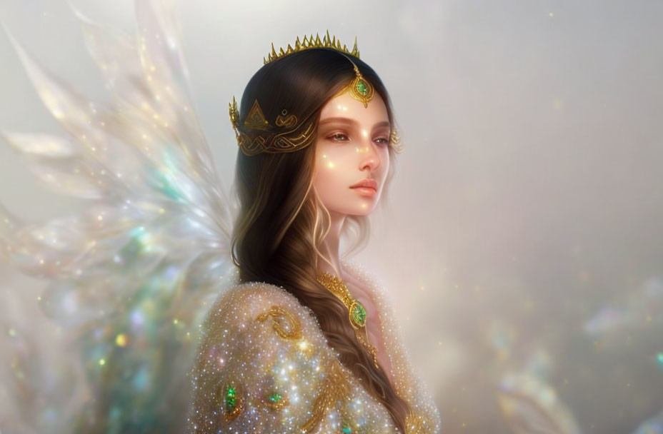 Fantasy figure with glistening wings and golden crown.