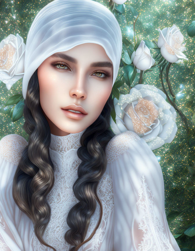 Digital portrait: Woman with braided hair, white headscarf, luminescent roses.