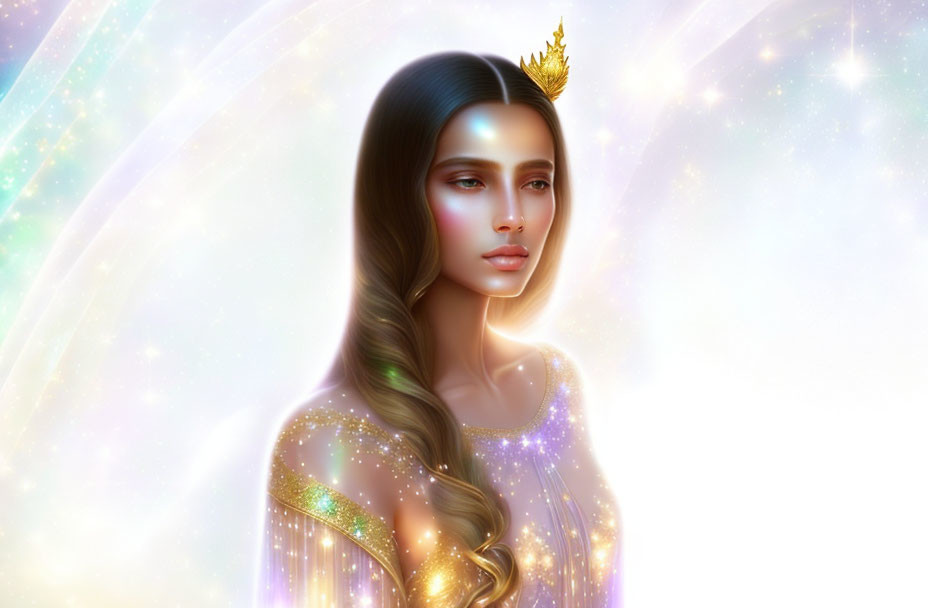 Ethereal woman with golden crown in digital illustration