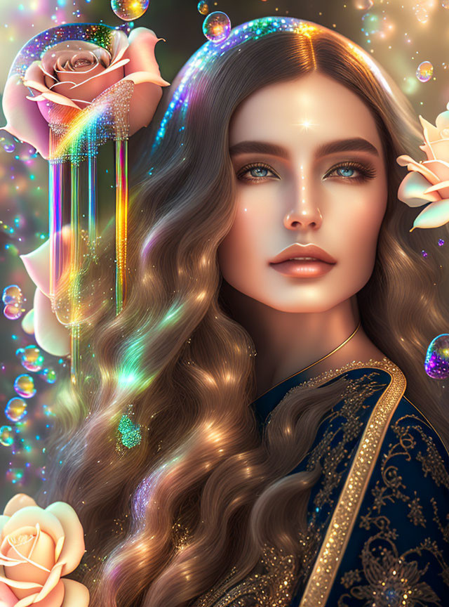 Digital Artwork: Woman with Flowing Hair and Roses