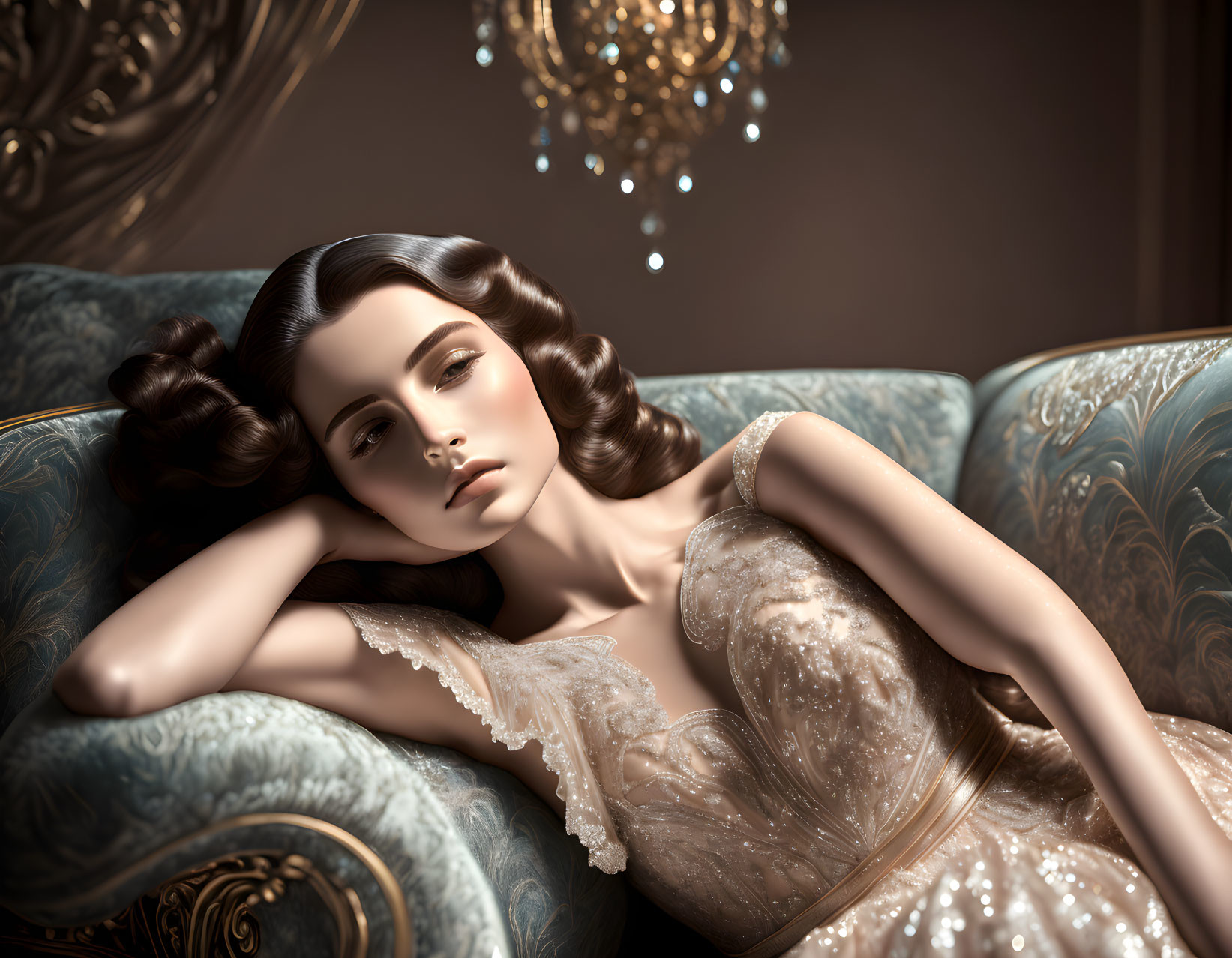 Luxurious sofa and crystal chandelier with elegant woman in embellished dress