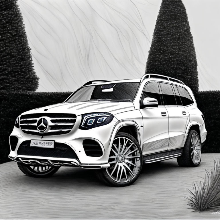 Detailed Pencil Sketch of Mercedes-Benz SUV in Driveway