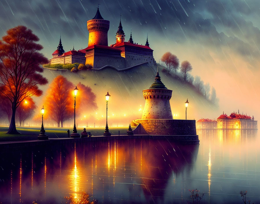 Illuminated castle by serene lake at dusk with lampposts, autumn trees, and star