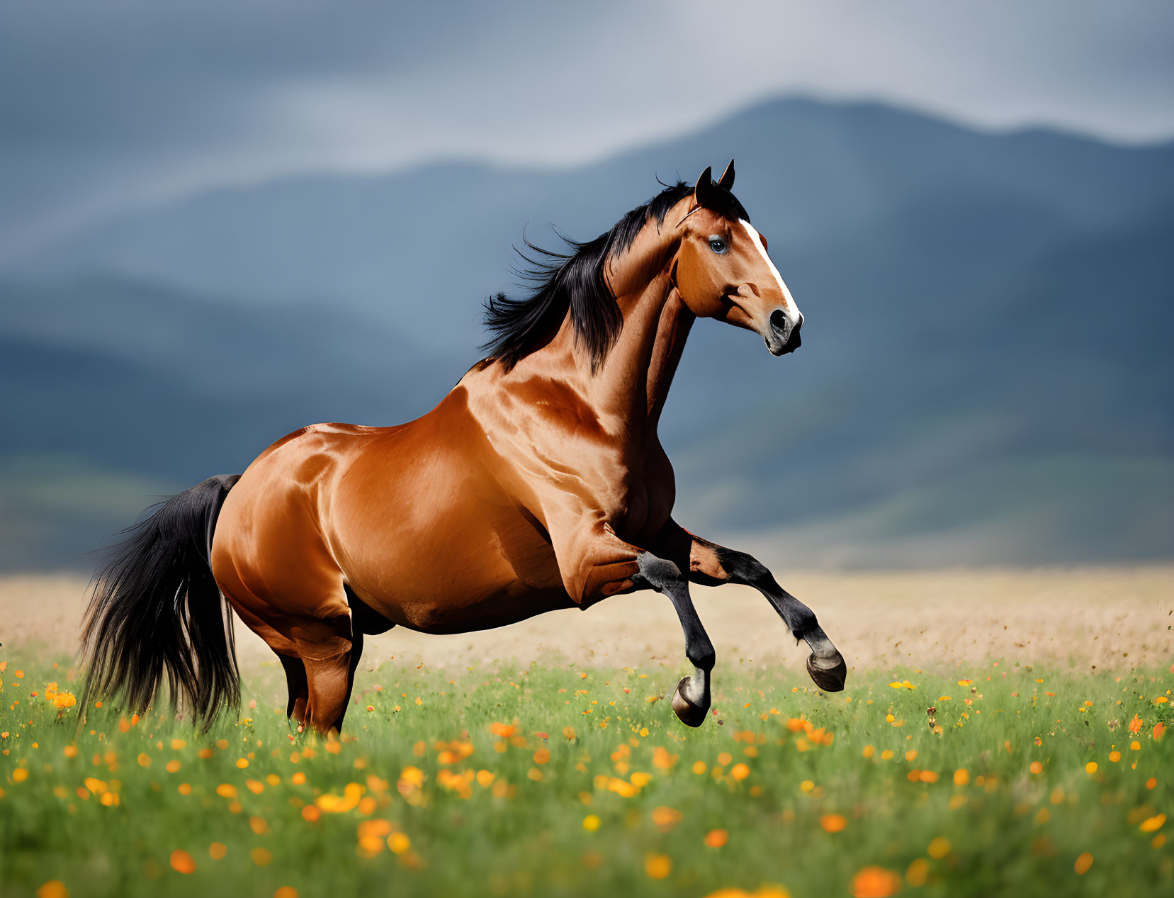 Majestic bay horse in field with yellow flowers and hazy mountains