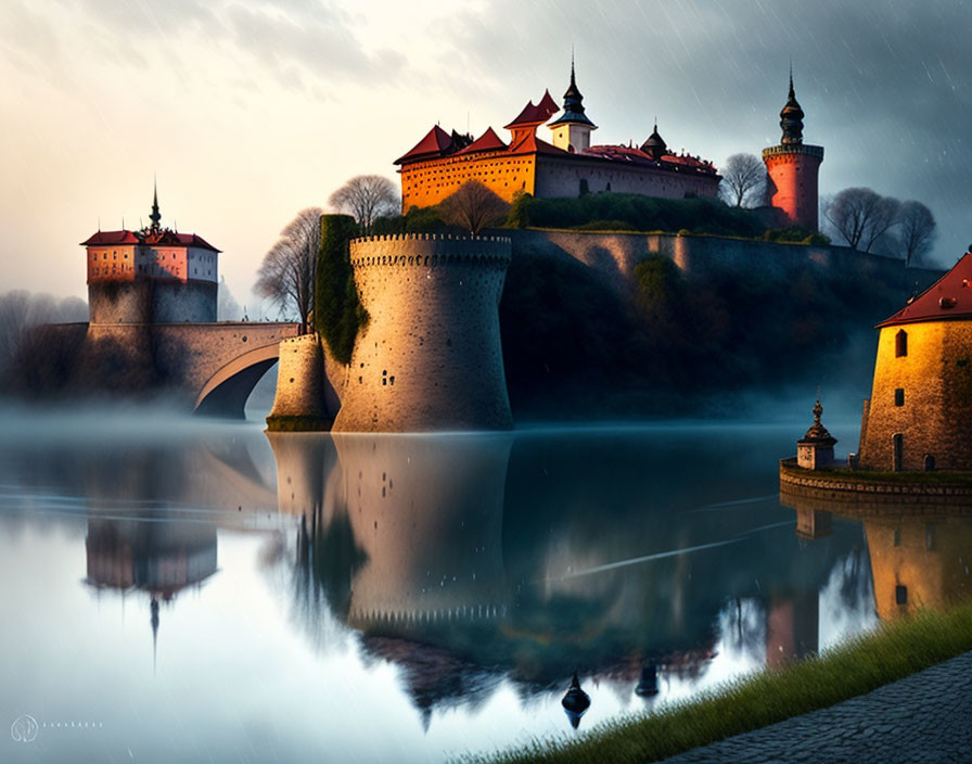 Majestic castle with red roofs on lush hill by tranquil river