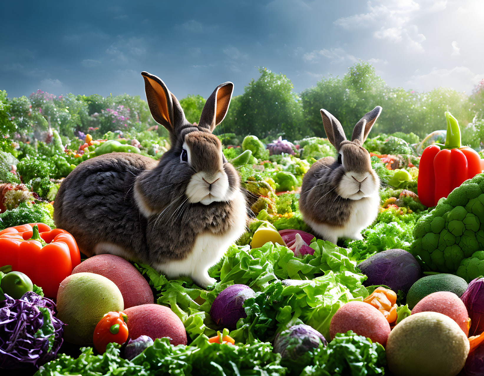 Colorful vegetable garden with two rabbits under cloudy blue sky