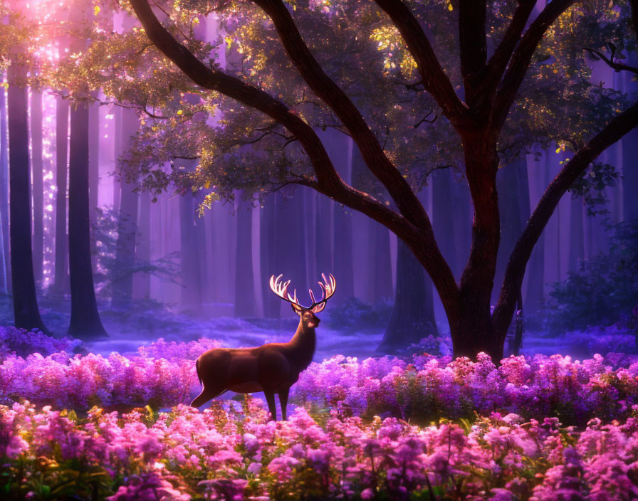 Majestic stag in purple flower forest with soft sunlight