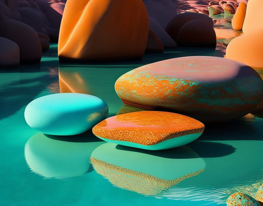 Tranquil digital art of colorful stones on turquoise water