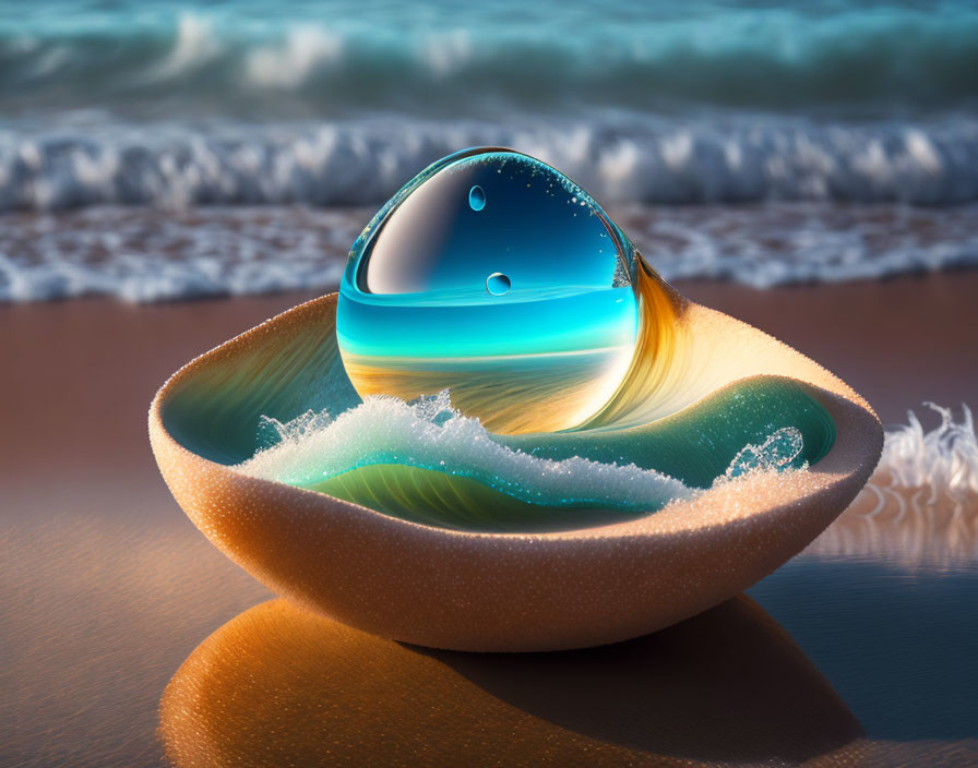 Surreal glossy sphere with ocean wave inside on sandy beach shell bowl foam