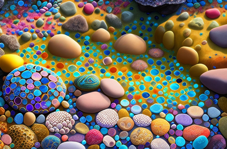 Colorful textured spheres and stones in intricate patterns.