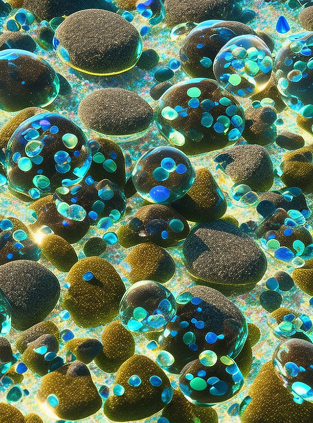 Vibrant translucent bubbles with reflections on textured surface