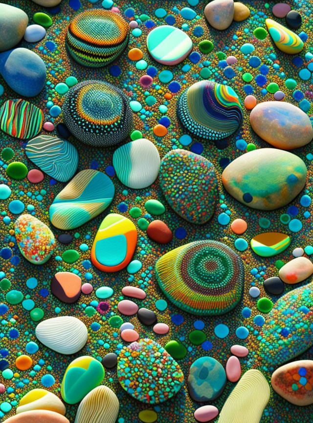 Vibrant array of colorful, patterned pebbles in mosaic display