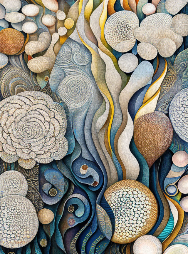 Detailed Artwork: Pebble Patterns, Swirling Streams, Textures, Pastel Colors