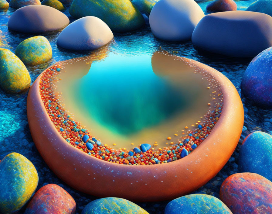 Vibrant digital artwork of doughnut-shaped object with beads and stones in blue water pool