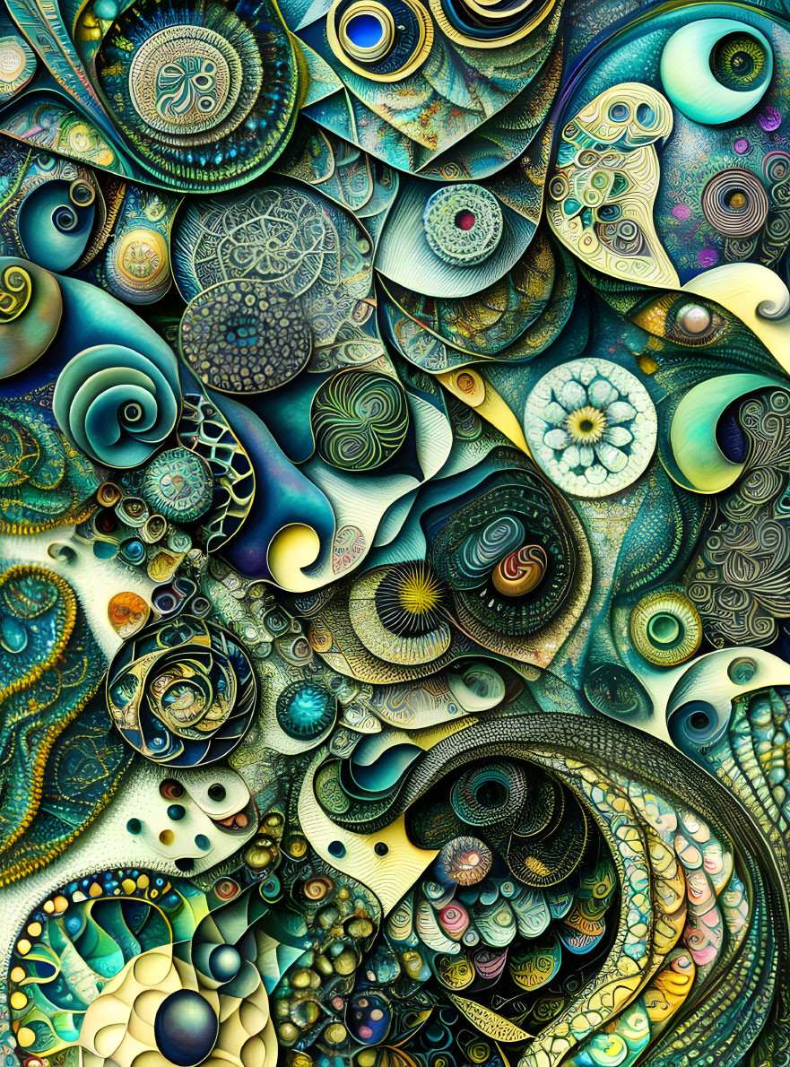 Abstract swirling patterns in blue, green, and gold hues