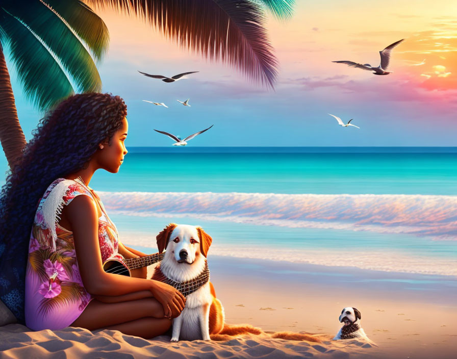 Woman and dog on beach at sunset with palm trees and ocean view.