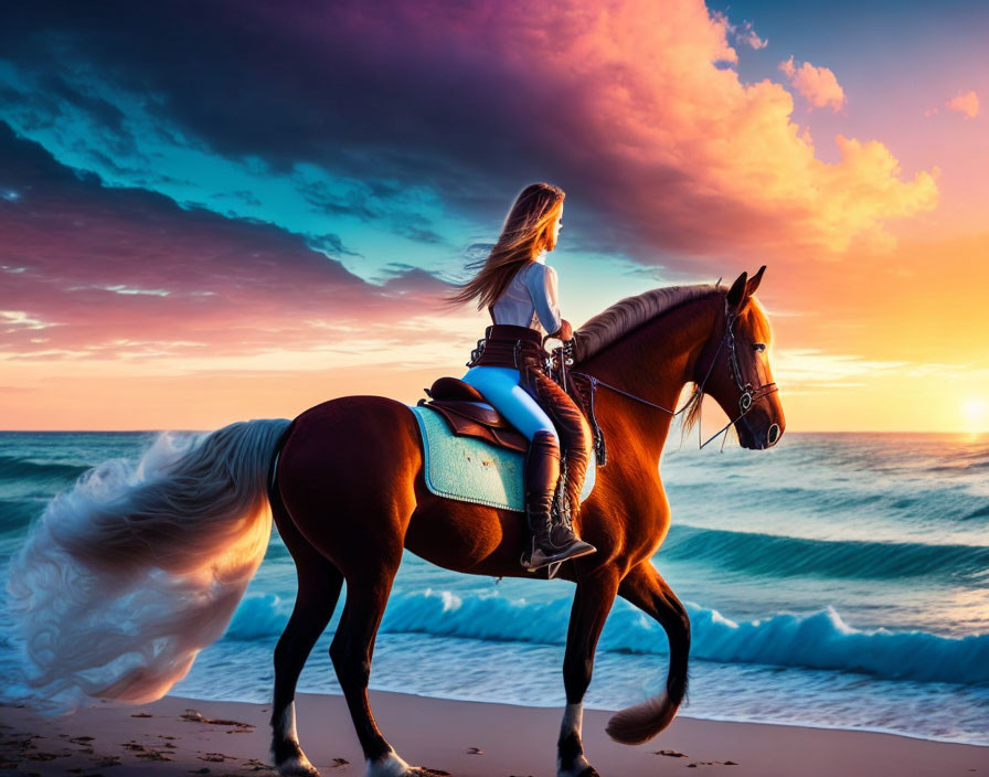 Woman riding horse on beach at sunset with crashing waves & colorful sky