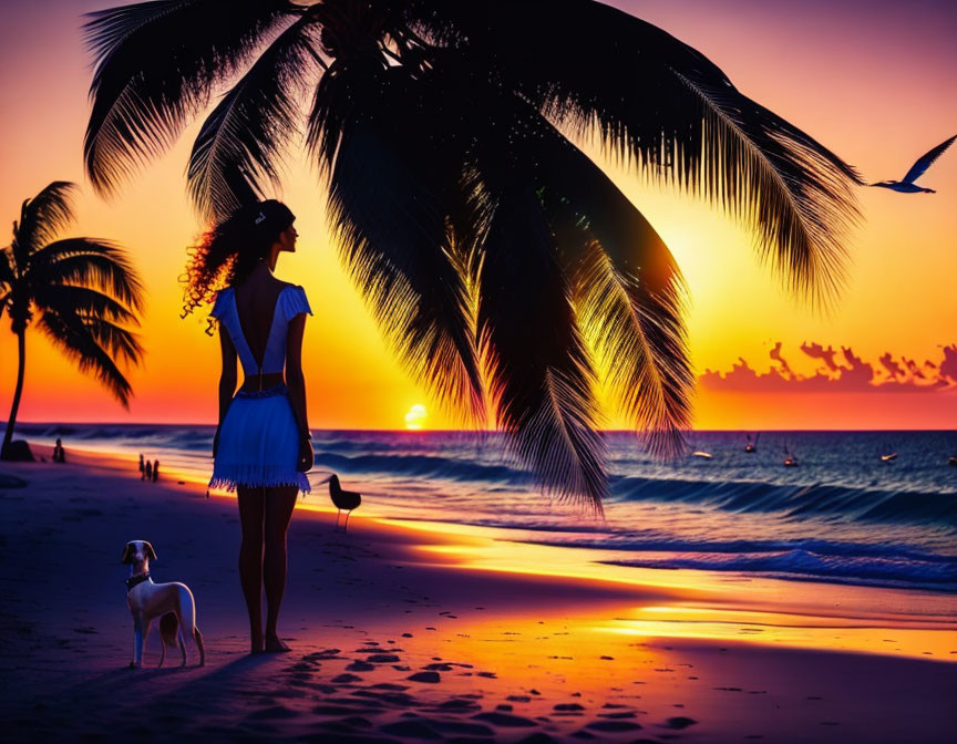 Woman and dog on beach at sunset with palm trees, colorful sky, and bird.