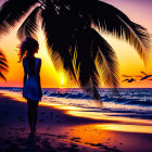 Woman and dog on beach at sunset with palm trees, colorful sky, and bird.