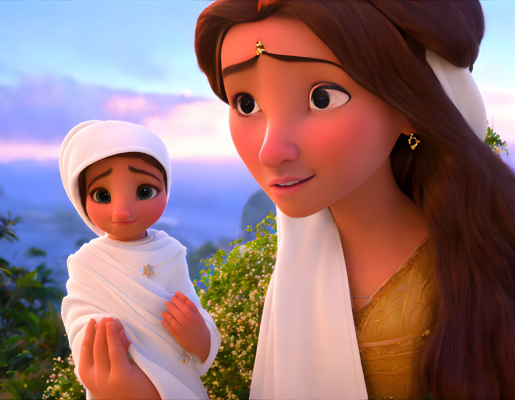 Animated characters: Young girl in white headscarf and woman with gold tiara, sunset background