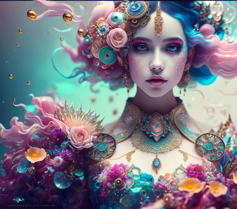 Colorful portrait of a woman with blue hair and floral jewelry in a bubble-filled scene