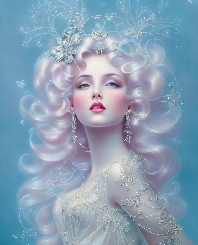 Fantasy portrait of woman with curly hair, silver accessories, soft makeup, delicate gown on blue backdrop