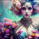 Colorful portrait of a woman with blue hair and floral jewelry in a bubble-filled scene