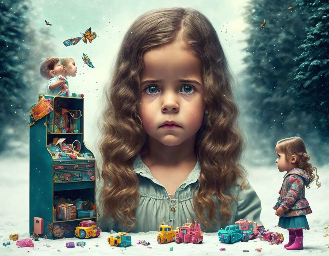 Montage of Sad Girl Surrounded by Colorful Toys and Butterflies