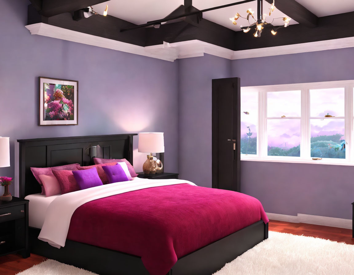 Dark Bed with Pink Bedding, Lavender Walls, Chandelier, and Dusky Landscape View