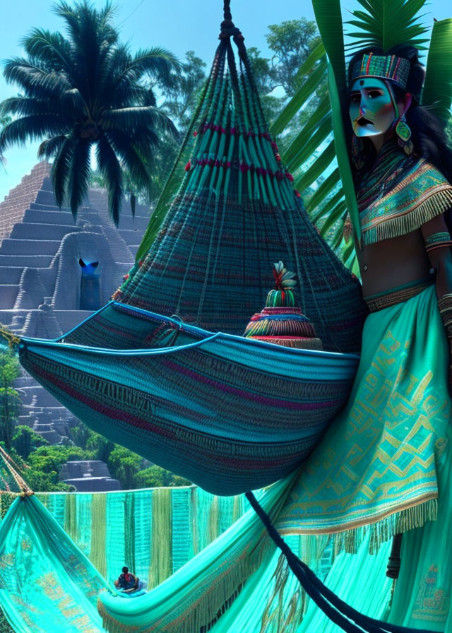 Person in vibrant traditional attire near colorful hammock with tropical setting