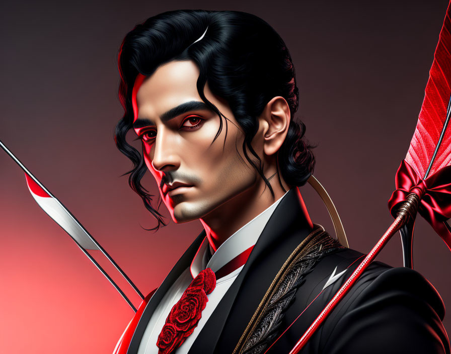 Dark-Haired Male Animated Character with Goatee and Bow and Arrow on Red Background