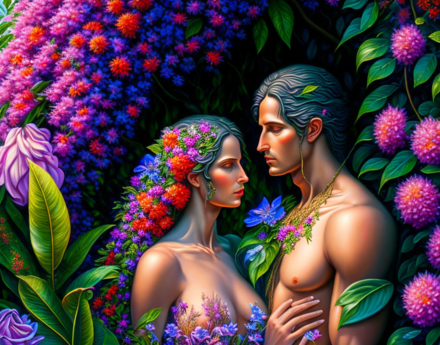 Colorful Floral Adorned Man and Woman Illustration