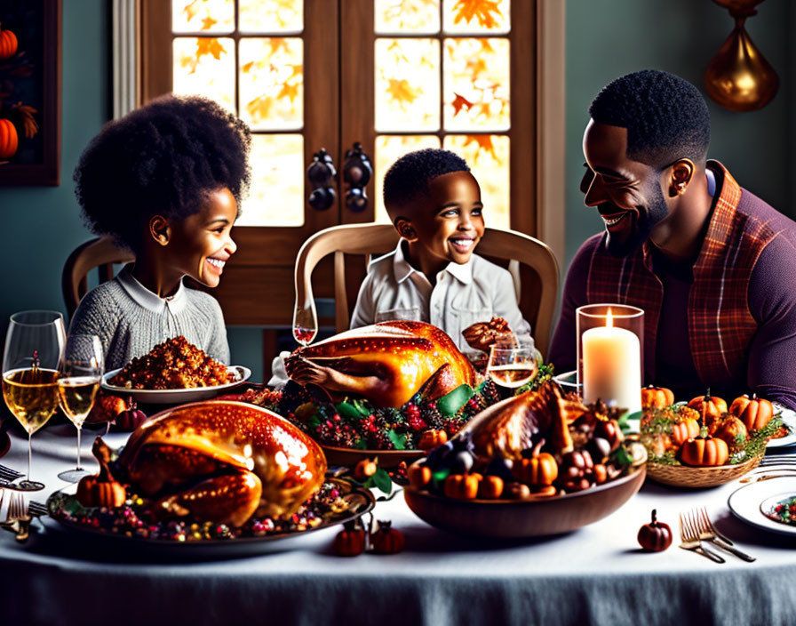 Family Celebrating Thanksgiving with Roasted Turkey