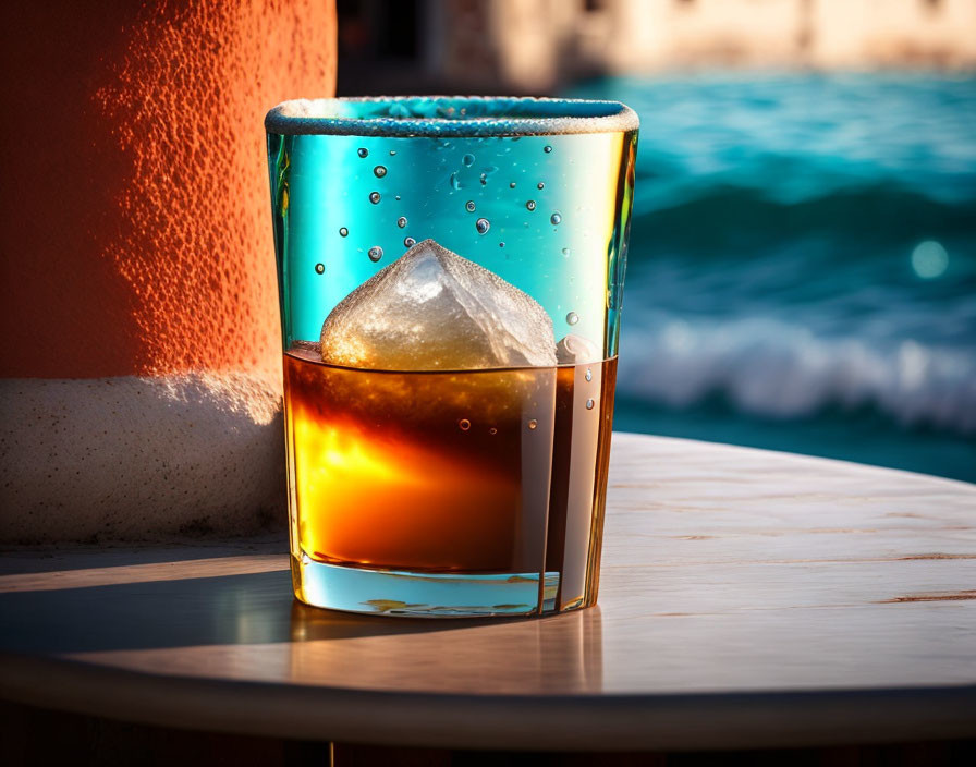 Amber-colored drink with large ice cube and salted rim on table by waterside