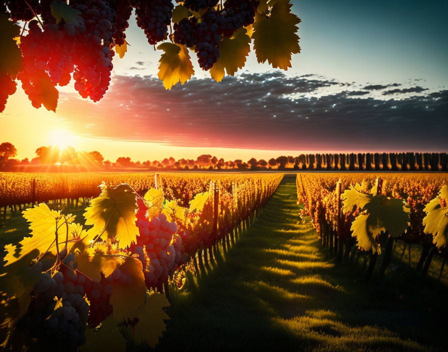 Scenic sunset vineyard with ripe grapes and warm sun glow