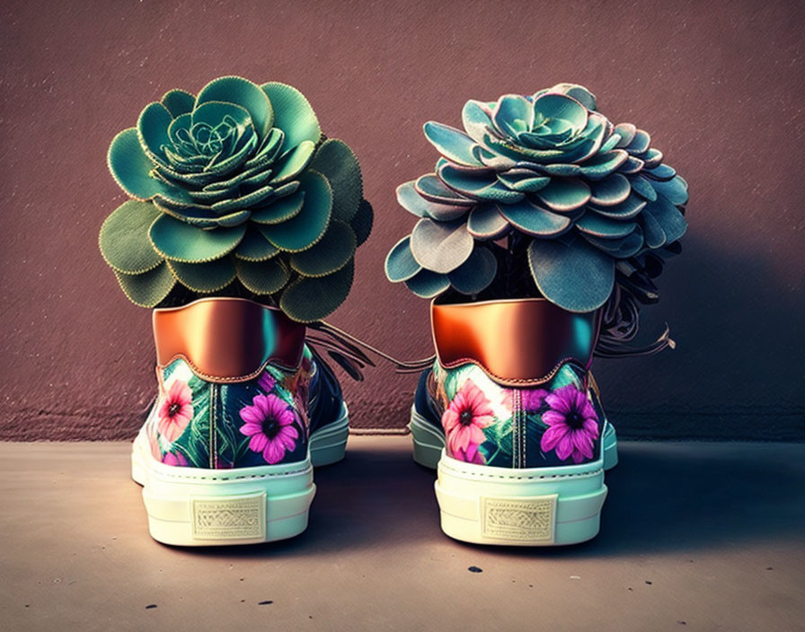 Colorful Floral Sneaker Planters with Vibrant Green Succulents