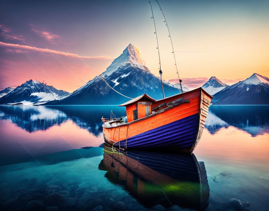 Orange Boat on Blue Lake with Mountain Backdrop at Sunrise or Sunset