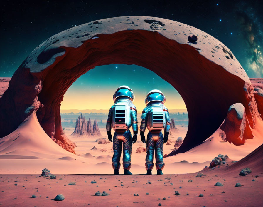 Astronauts on alien planet under starry sky and archway