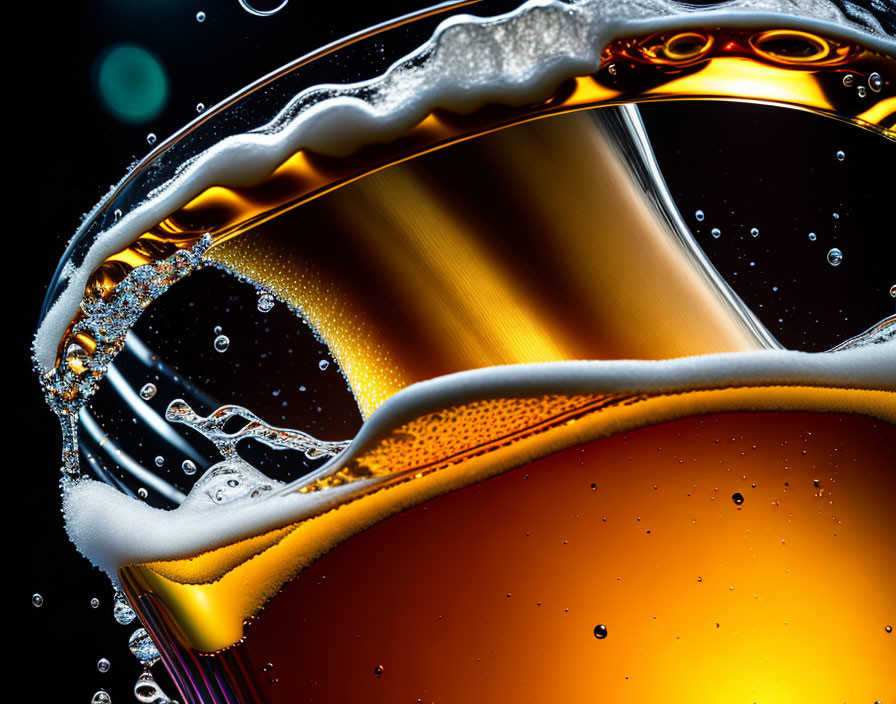 Beer bubbles and foam in glass with golden liquid on dark background