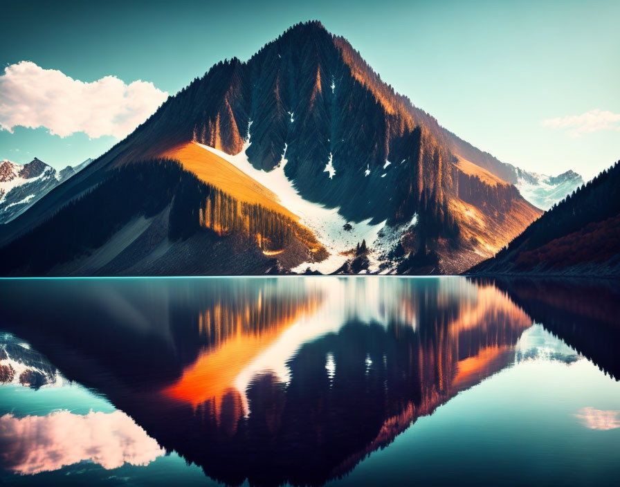 Snow-Capped Mountain Reflected in Calm Sunset Lake