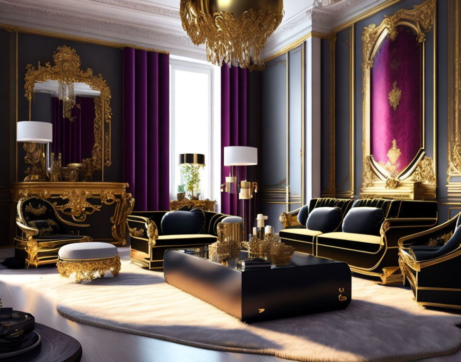 Opulent Gold and Black Living Room Decor with Plush Velvet Seating