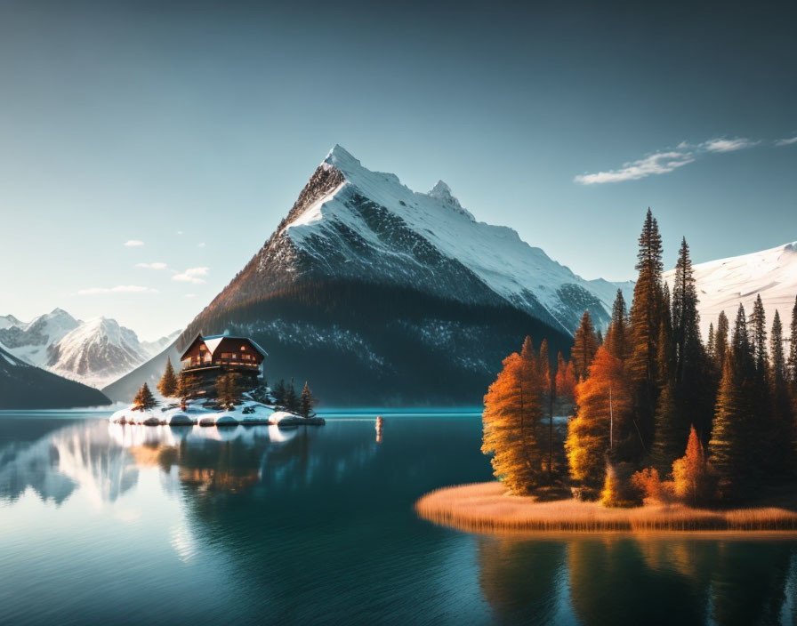 Tranquil lake cabin on autumn islet with snowy mountain backdrop