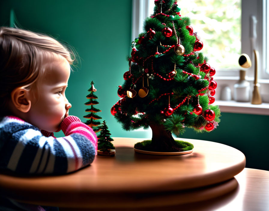 Toddler admiring miniature Christmas tree by window