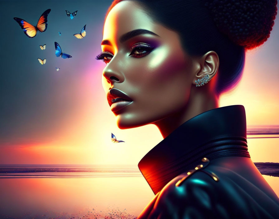 Woman with striking makeup and butterflies in vibrant sunset backdrop