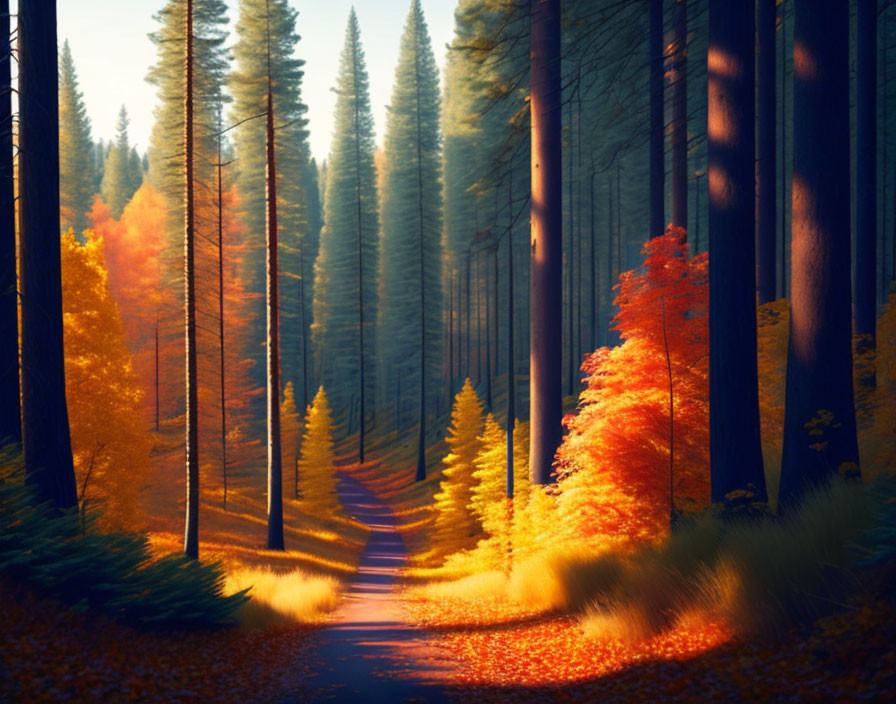 Sunlit Path Through Vibrant Autumn Forest